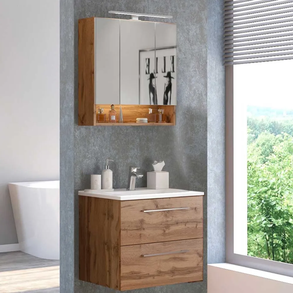 New Waschtisch und LED Spiegelschrank Dolveran Badmöbel Sets